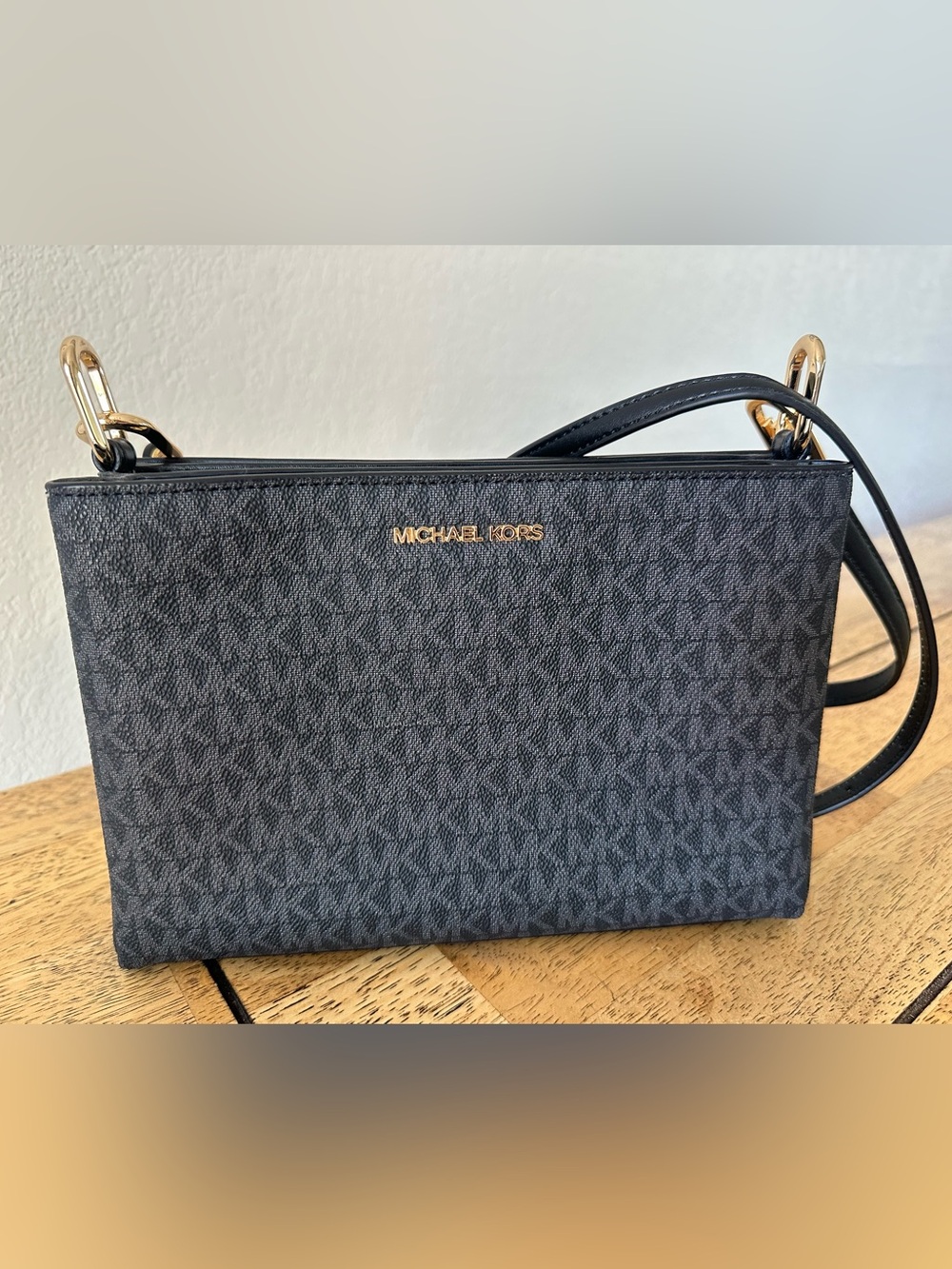 Michael Kors Black Logo-Print Crossbody with Gold Hardware